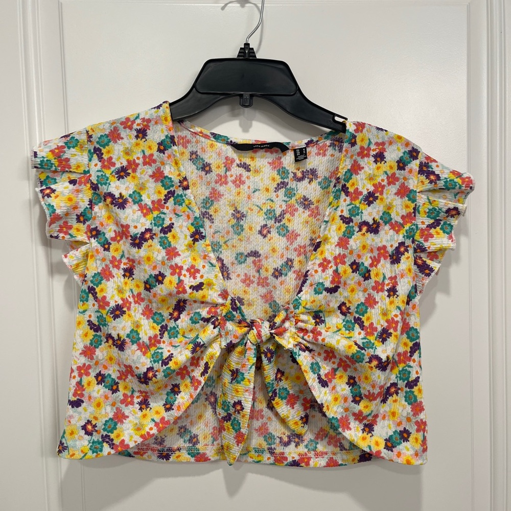 Vero Moda Yellow and Blue Flutter Sleeve Crop Blouse